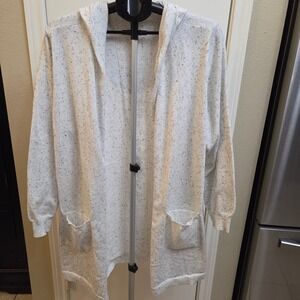 Chloe + Jasmine Womens 1X White Speckled Hooded Open Front Cardigan Pockets